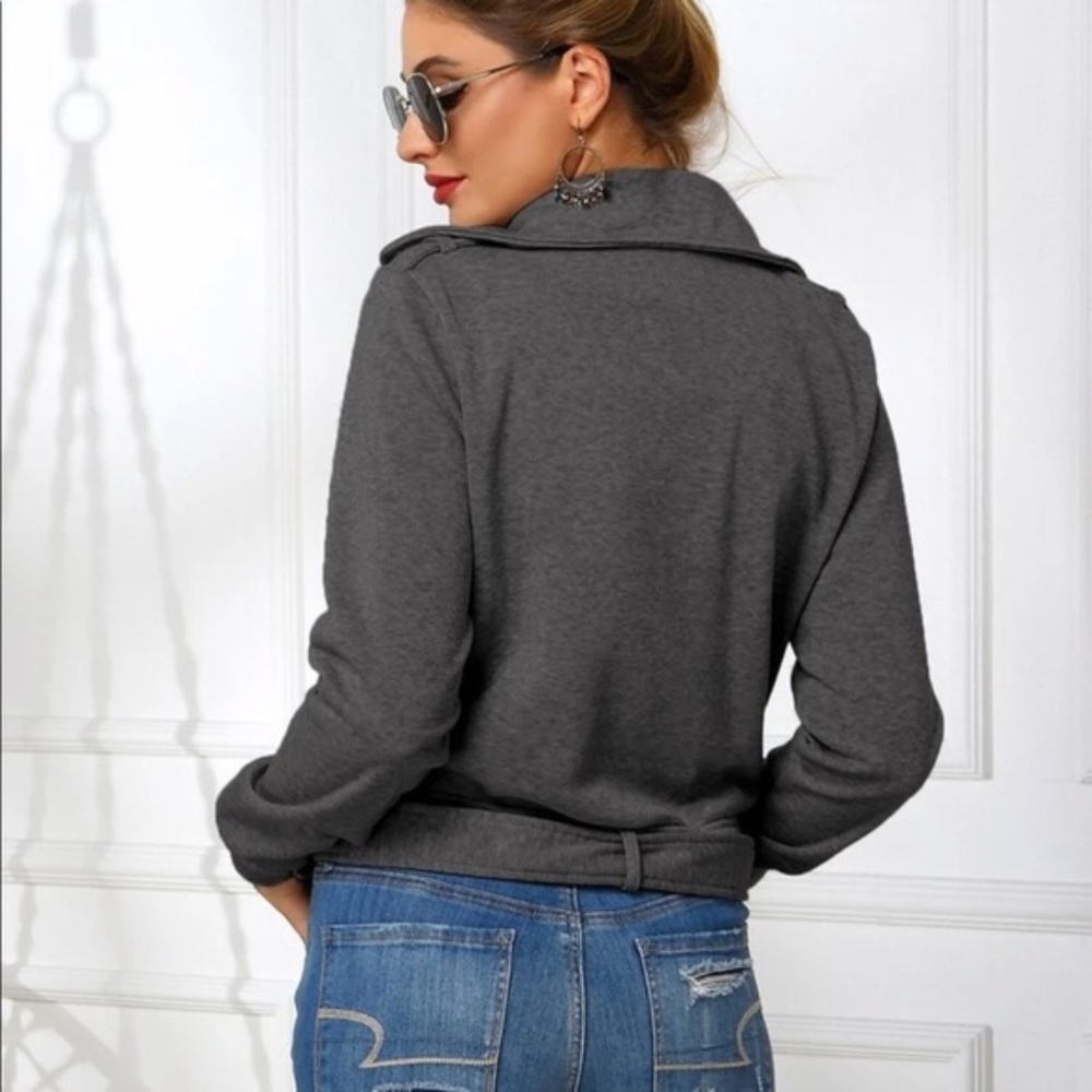 charcoal zipper pocket knit moto biker jacket coat - Picture 6 of 6